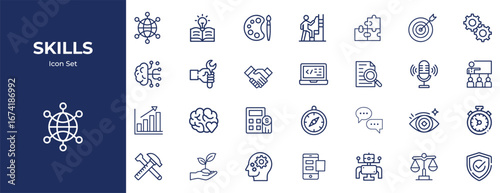 Collection of stylized skill icons and symbols representing diverse expertise and abilities