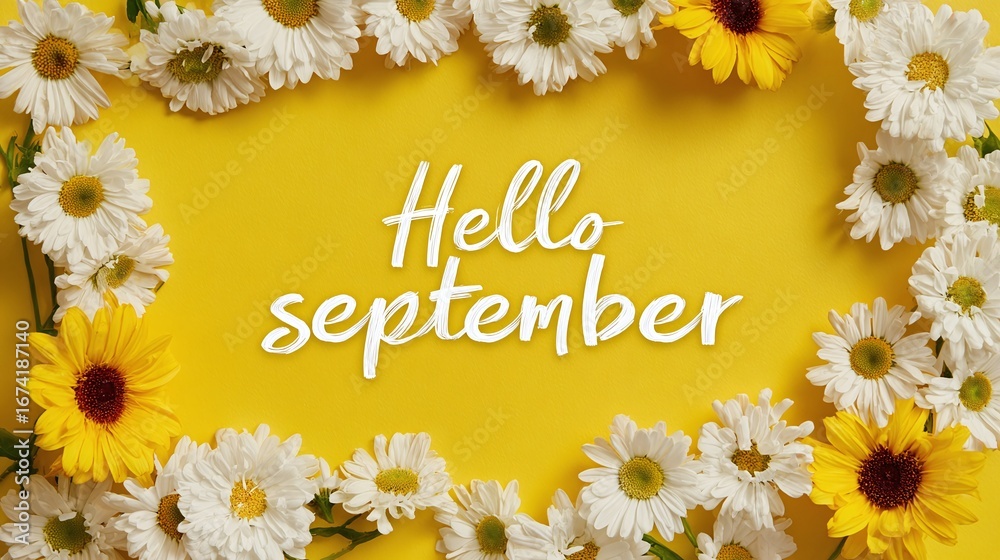 Obraz premium Bright yellow background with fresh daisies and sunflowers framing the handwritten text 