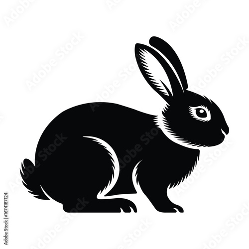 Black Silhouette of a Rabbit Sitting on White Background bunny animal