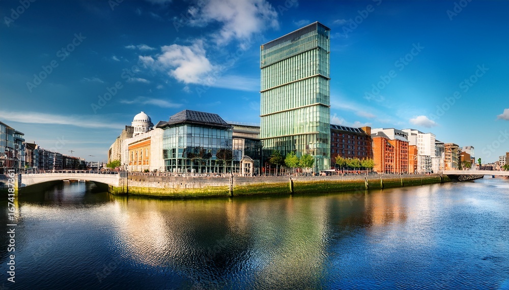 Fototapeta premium modern buildings and offices on liffey river in dublin