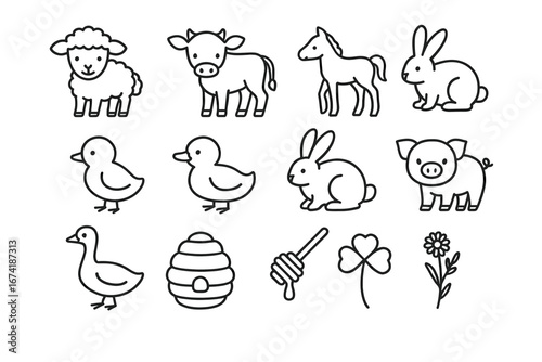 Outline illustrations of farm animals and nature elements