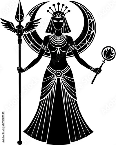 Divine Black and White Egyptian Winged Goddess Art