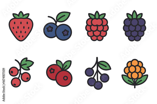 Colorful icons of various berries including strawberry, blueberry, raspberry, and more