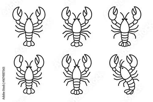 Set of six lobster line art designs with diverse claw shapes