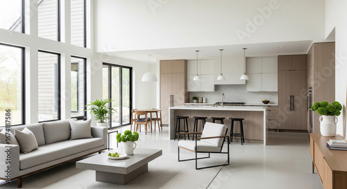 A modern minimalist home interior design with clean lines, sleek furniture, and neutral color palette, featuring an open-concept living space connected to a spacious kitchen, bathed in natural light	
