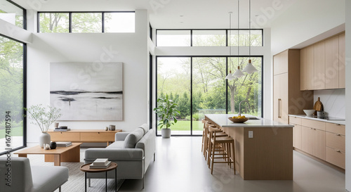 A modern minimalist home interior design with clean lines, sleek furniture, and neutral color palette, featuring an open-concept living space connected to a spacious kitchen, bathed in natural light	
