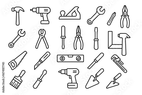 Various hand tools icons set including hammer, drill, pliers, saw, and wrench