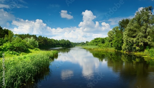a calm river surrounded by lush greenery under a blue sky with white clouds