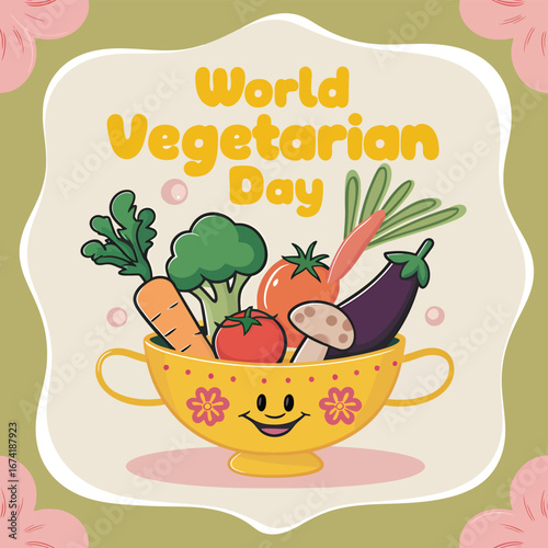 Vector art of cute cartoon bowl filled with fresh vegetables celebrating world vegetarian day with a happy face