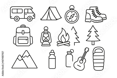 Camping equipment icons: tent, backpack, boots, compass, lantern, campfire, guitar, sleeping bag