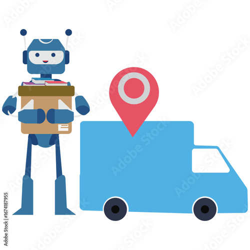 Robot delivering package with truck and location pin isolated on  adobe illustration