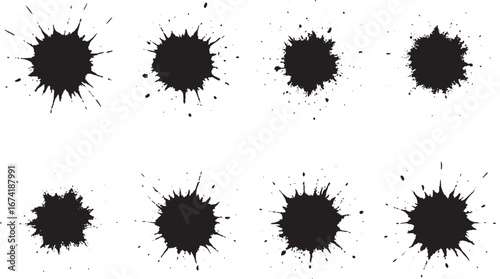 Collection of eight black ink splatters on a white background splash paint