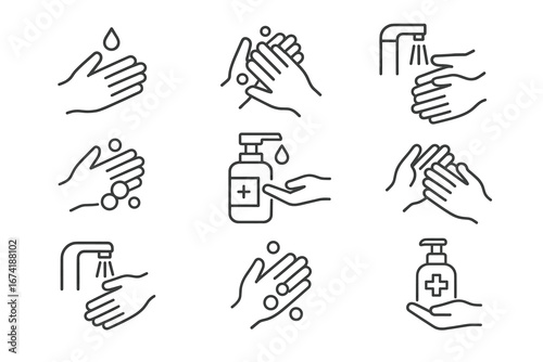 Handwashing icons: clean hands, soap, water, hygiene guide, sanitizer