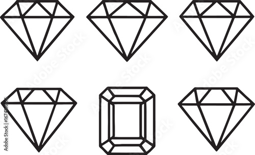 Collection of five diamond shapes and one emerald cut gemstone outline icons jewel precious