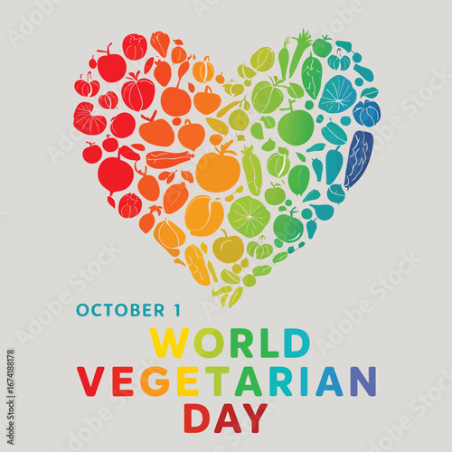 Vector art of world vegetarian day on october 1st, celebrated with a heart shape formed by colorful fruits and vegetables