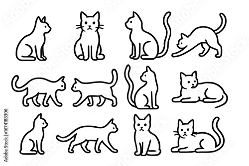 Outline drawings of cats in various poses and positions