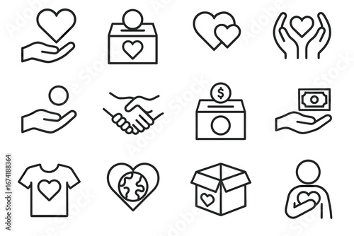 Charity and donation icons featuring hands, hearts, and money