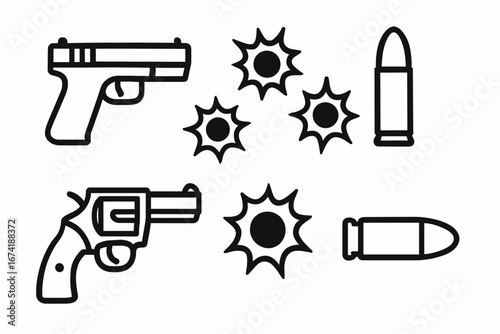 Black and white gun icons with bullet and impact symbols on white background