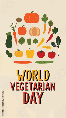 Vector art of world vegetarian day celebrated with a circular arrangement of colorful fresh vegetables and bold text, promoting a healthy plantbased lifestyle and nutrition
