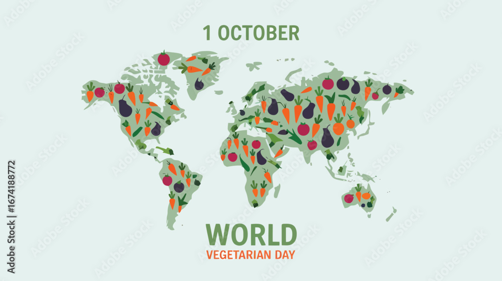 Obraz premium Vector art of world map made of fresh vegetables and fruits on october 1st, celebrating world vegetarian day