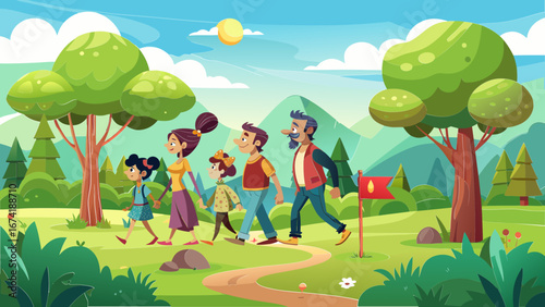 landscape with trees, forest, summer, nature, family, father, mother, daughter, son, trees, grass, mountains, sky, clouds, bushes, joy, fun, rest, vector graphics, panoramic view, banner, positive, ch
