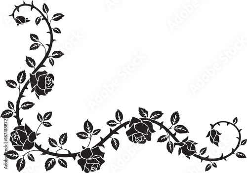 Decorative Rose Vine Corner: A Symmetrical Floral Border Design

