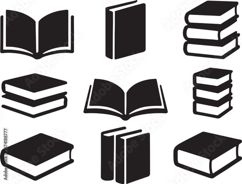 Collection of nine black book icons in various styles on white background books open book