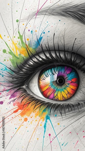 Vibrant rainbow colors exploding from a detailed human eye