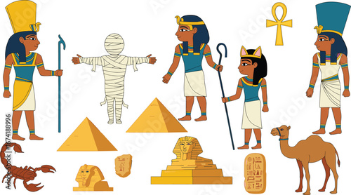 Ancient Egypt cartoon vector set with pharaohs, pyramids, sphinx, mummy, camel, ankh, hieroglyphs, mythology, history, culture, Egyptian civilization illustration
