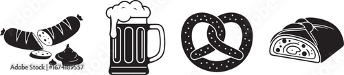 Four black and white icons representing sausages, a beer mug, a pretzel, and a pastry.