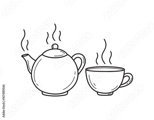 Illustration of a doodle teapot with a cup icon, isolated. Hand-drawn food and drink clipart. Vector stock image.