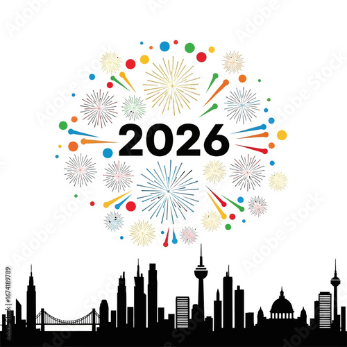 Colorful Fireworks Bursting Around the Year 2026