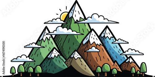 A mountain range with snow-capped peaks and clouds in a colorful, stylized illustration.