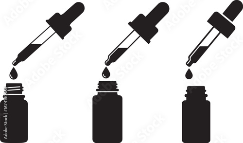 Dropper bottles and pipettes dispensing liquid silhouette