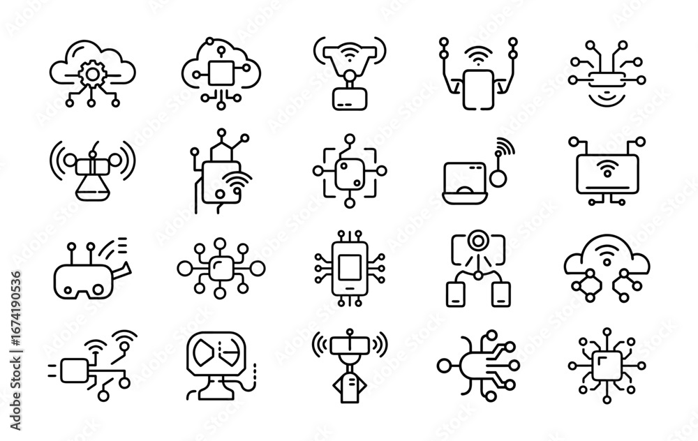 Fototapeta premium Collection of 20 hand-drawn sketchy icons representing cloud computing iot data analytics ai and technology concepts