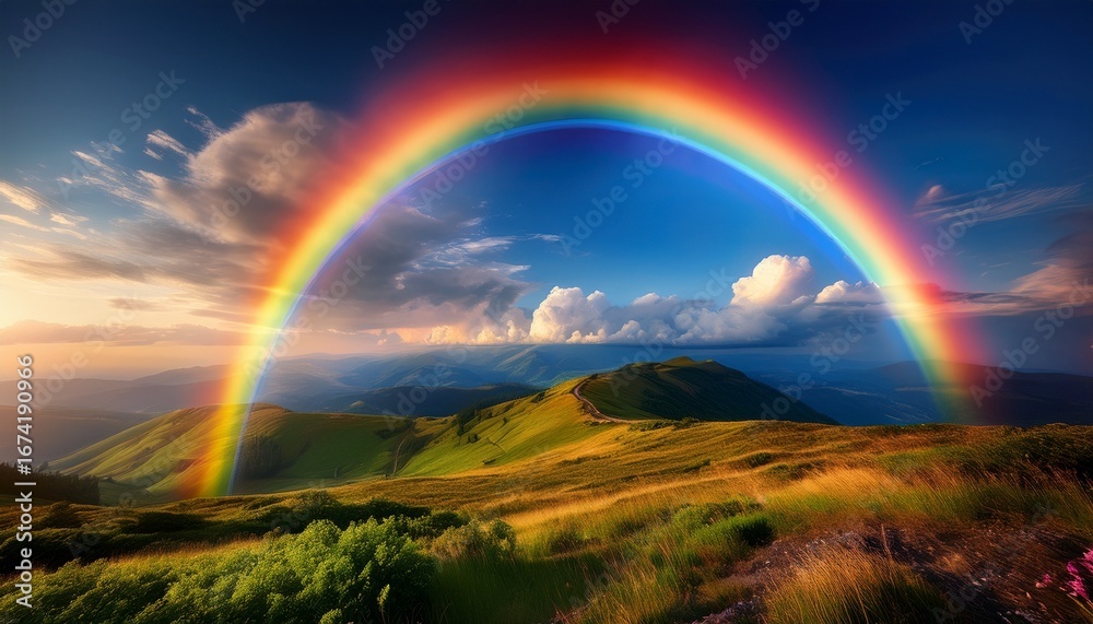Naklejka premium splendor of a vibrant rainbow gracefully curving through heavens embodying ethereal essence of optimism astonishment and enchantment of celestial marvels