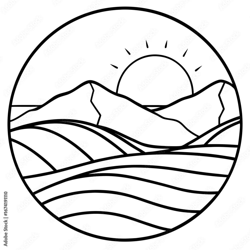 Fototapeta premium Minimal Desert Sunset Scene – Vector Outline