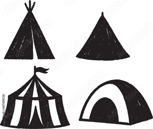 Four Black Silhouette Tents on White Background camping outdoor