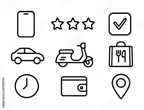 Linear icons: mobile, ratings, checklist, car, scooter, dining, clock, wallet, location