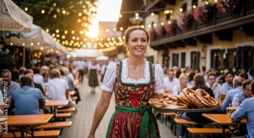 A woman in a traditional Bavarian dirndl dress holding a tray of pretzels in a crowded outdoor beer garden.