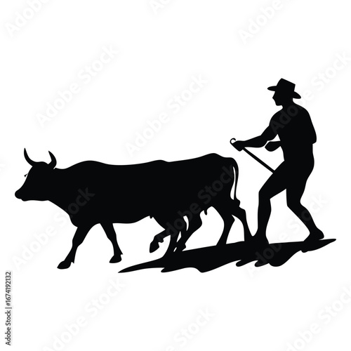 Farmer and ox plowing field silhouette