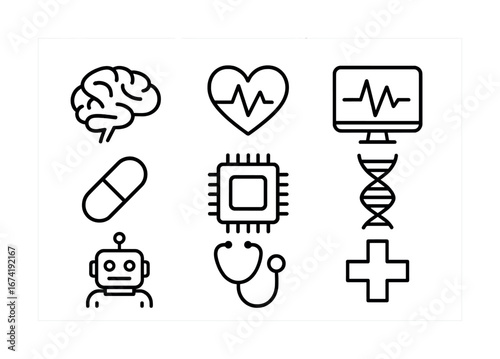 Medical technology icons featuring brain, heart, dna, and robotics