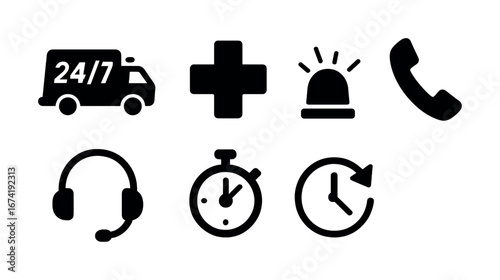 Emergency services icons set: 24/7 vehicle, medical cross, alarm, phone, headset, timer, clock
