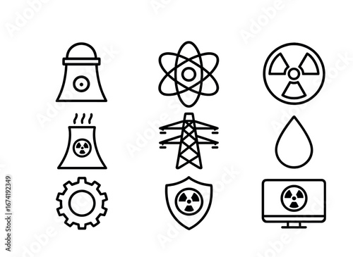 Nuclear energy icons set with power plant, radiation, atom, and gear symbols