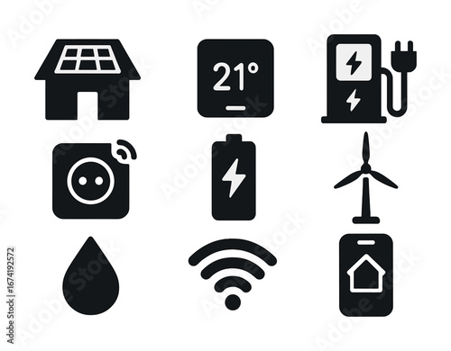 Sustainable energy icons: solar, electric vehicle, battery, wind, smart home, water, wi-fi connectivity