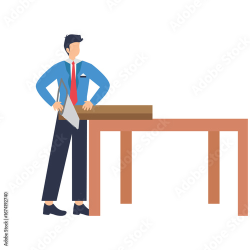 Carpenter sawing wood on table isolated on adobe illustration