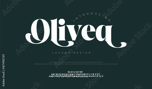 Olivea Elegant alphabet letters font and number. Minimal modern urban fonts for logo, brand etc. Typography typeface uppercase lowercase and number. vector illustration