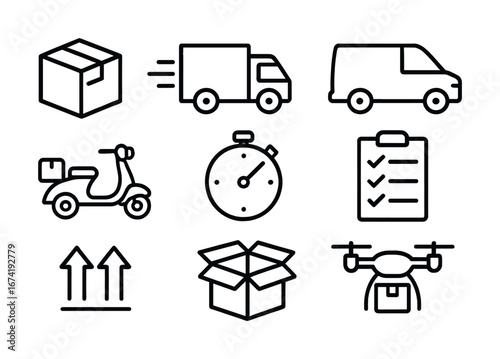 Line icons of delivery and logistics: box, truck, van, scooter, stopwatch, checklist, drone