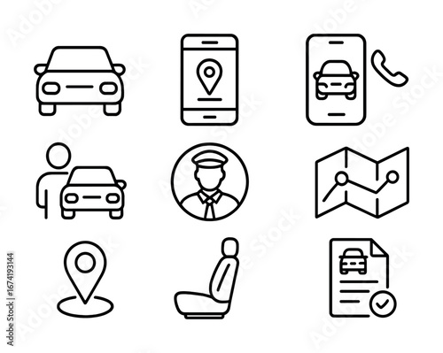 Car icon set: map, gps, ride share, driver, phone call, document