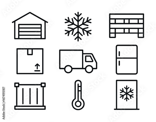 Warehouse storage and transportation icons: logistics, cold chain, delivery, refrigeration, packaging